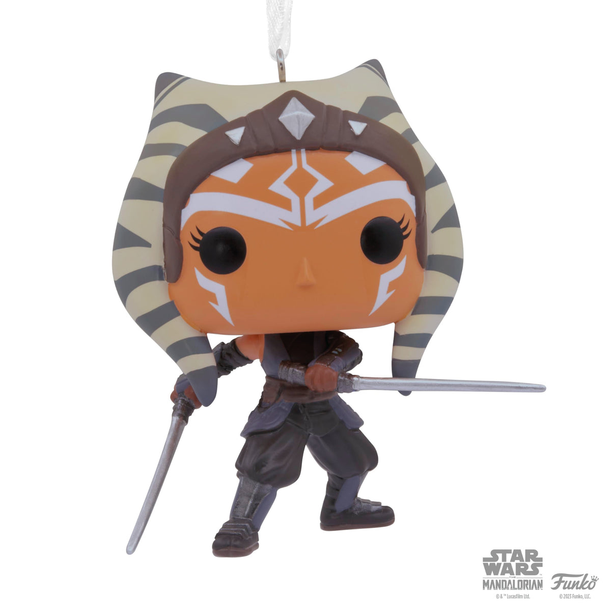 Vinyl warrior ornament with white face markings, grey outfit and twin blades
