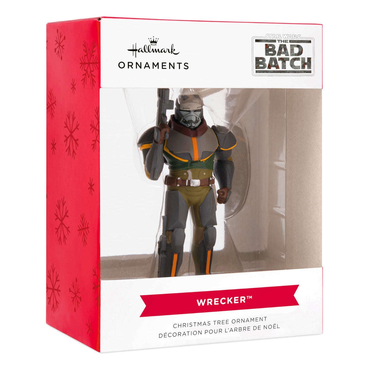 Bulky armoured soldier ornament in its red and white snowflake window box