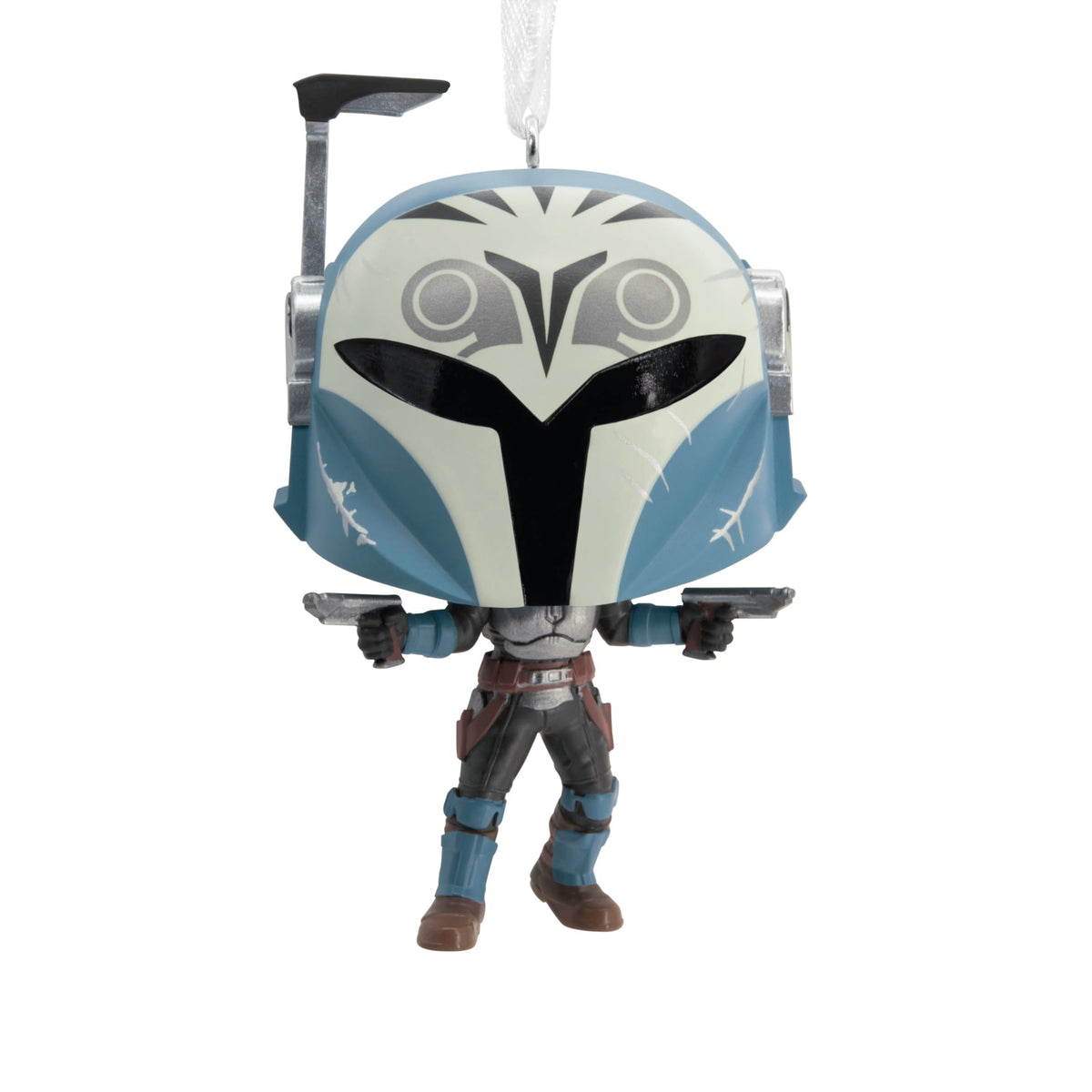 Big-head vinyl ornament of a warrior in a blue and white helmet holding two blasters