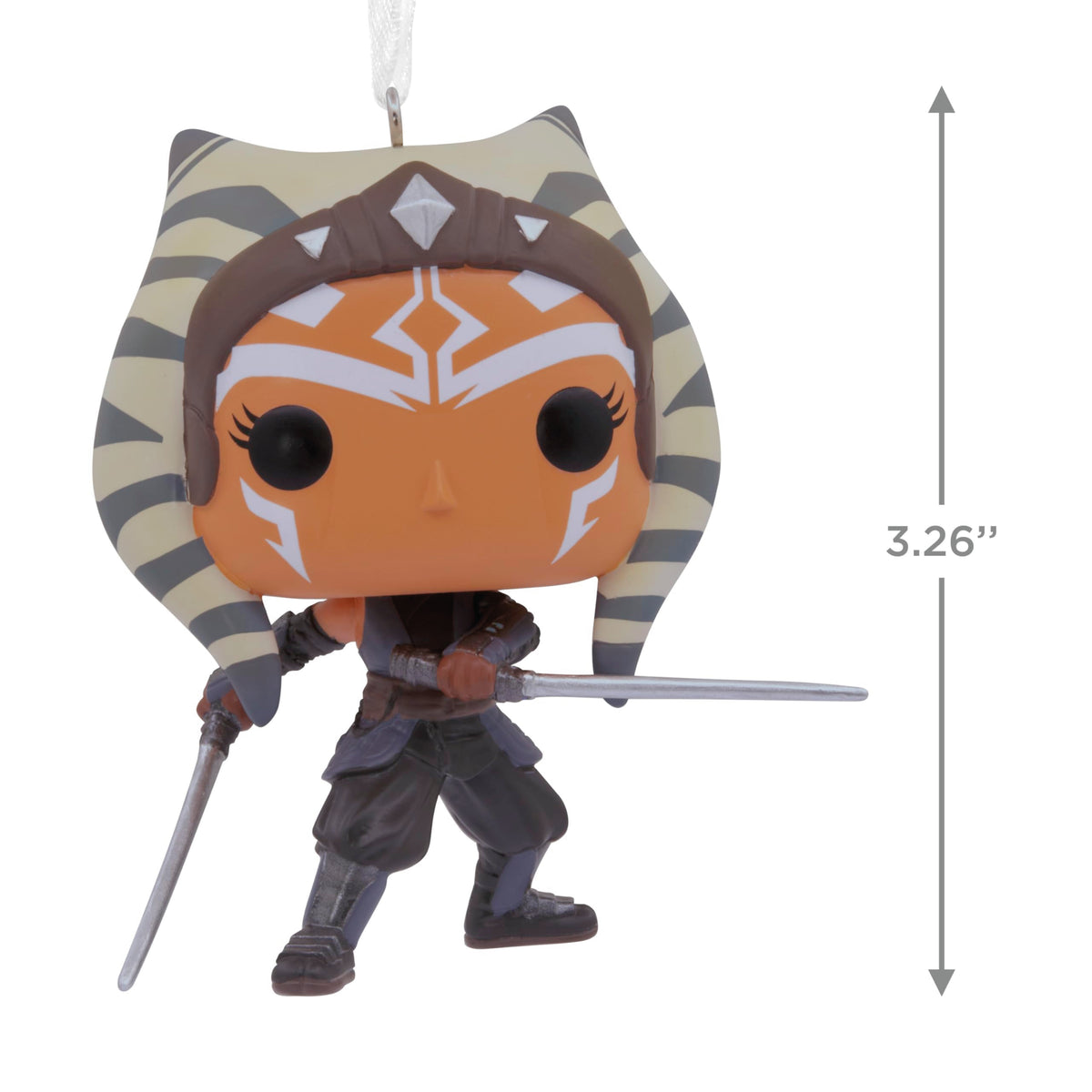 Size guide showing the twin-blade warrior ornament at 3.26 inches tall