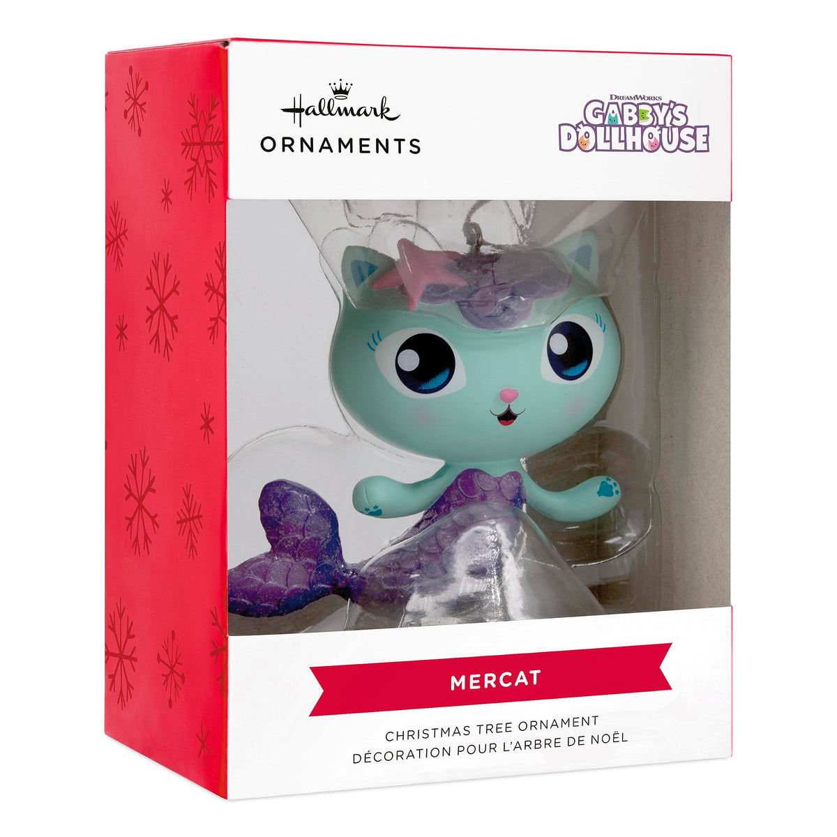 Mermaid cat ornament in its red and white snowflake window box