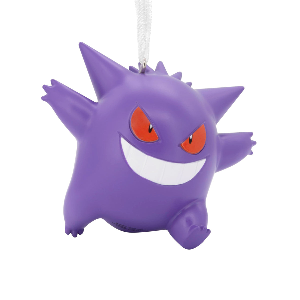 Grinning purple spiky ghost creature ornament with red eyes and arms raised