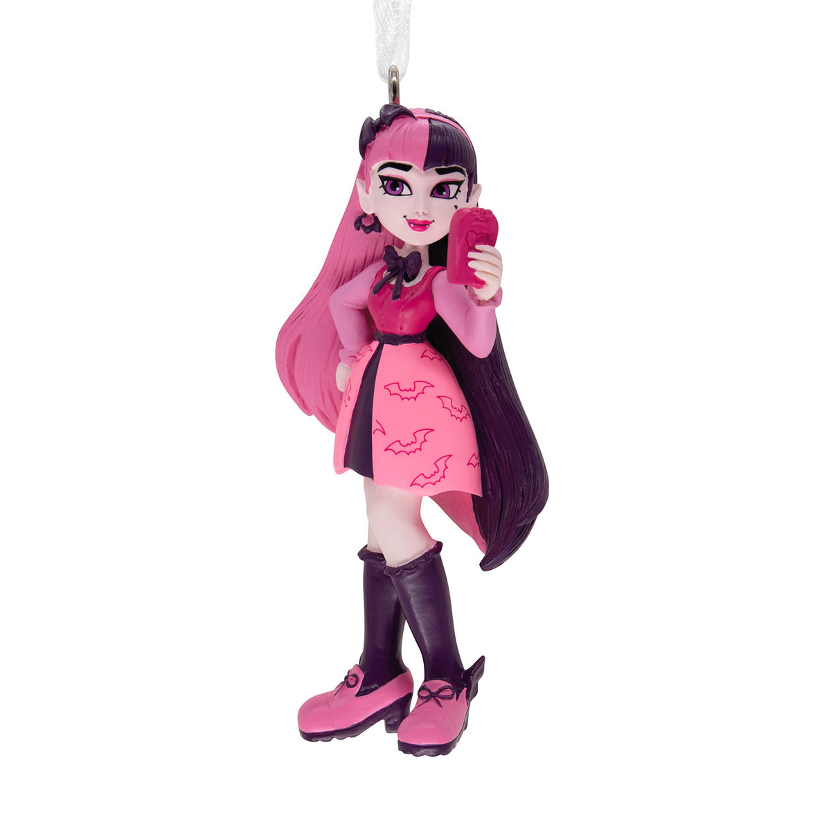 Hanging ornament of a vampire girl with pink and black hair in a pink bat-print dress