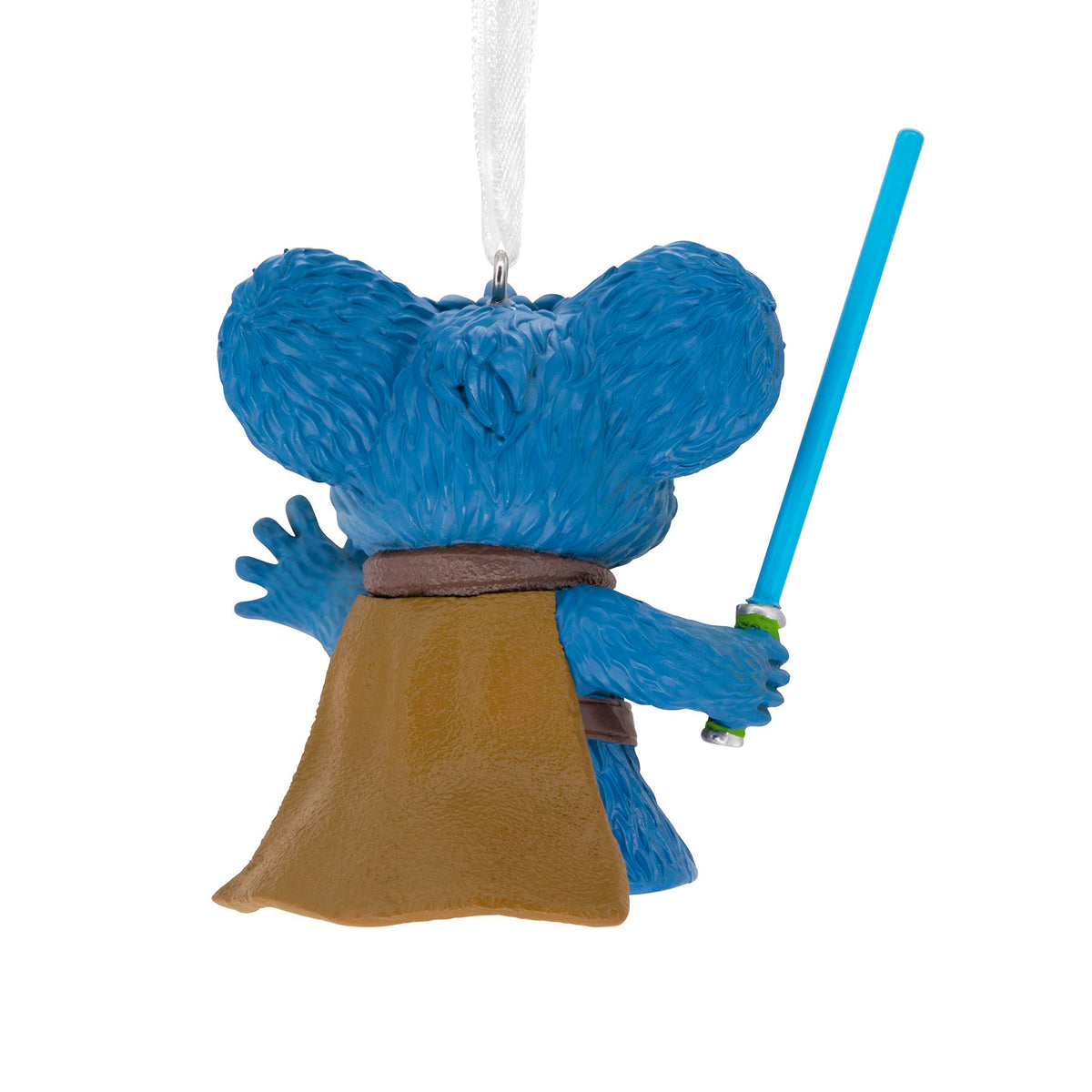 Back of the blue creature ornament showing big round ears and brown cape