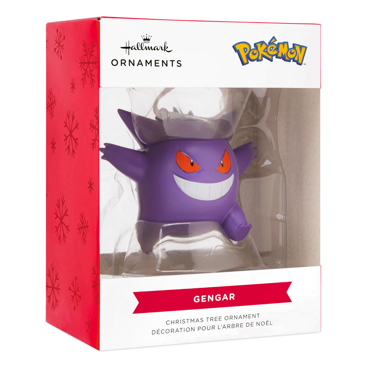 Purple ghost ornament in its red and white snowflake window box