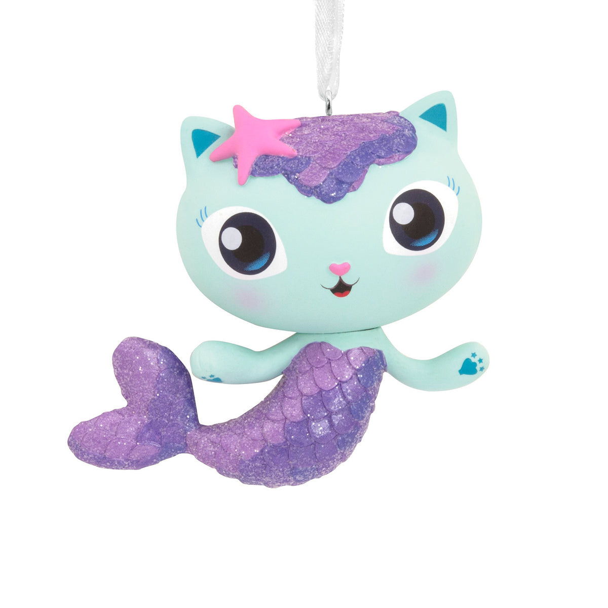 Ornament of a mint-green cat with a glittery purple mermaid tail and pink starfish