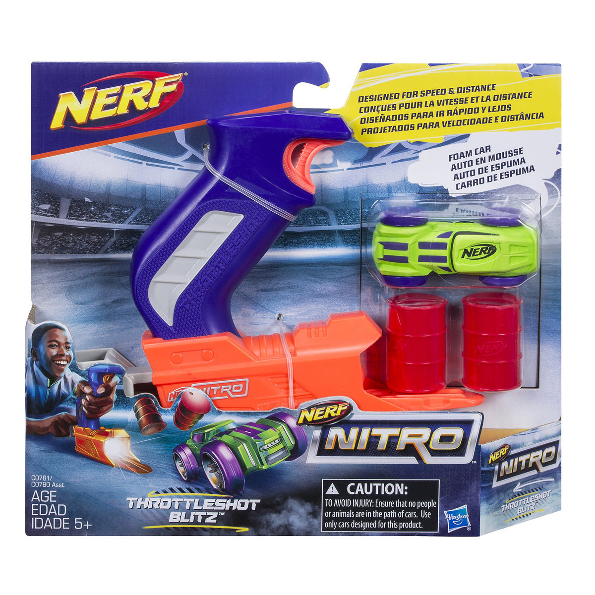 Carded blue and orange foam car launcher with a green foam car and two red barrels