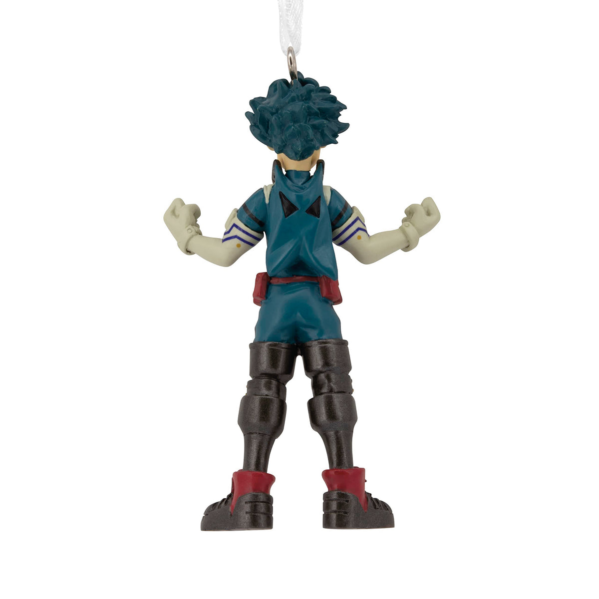 Back of the hero ornament showing spiky hair, teal suit and dark boots
