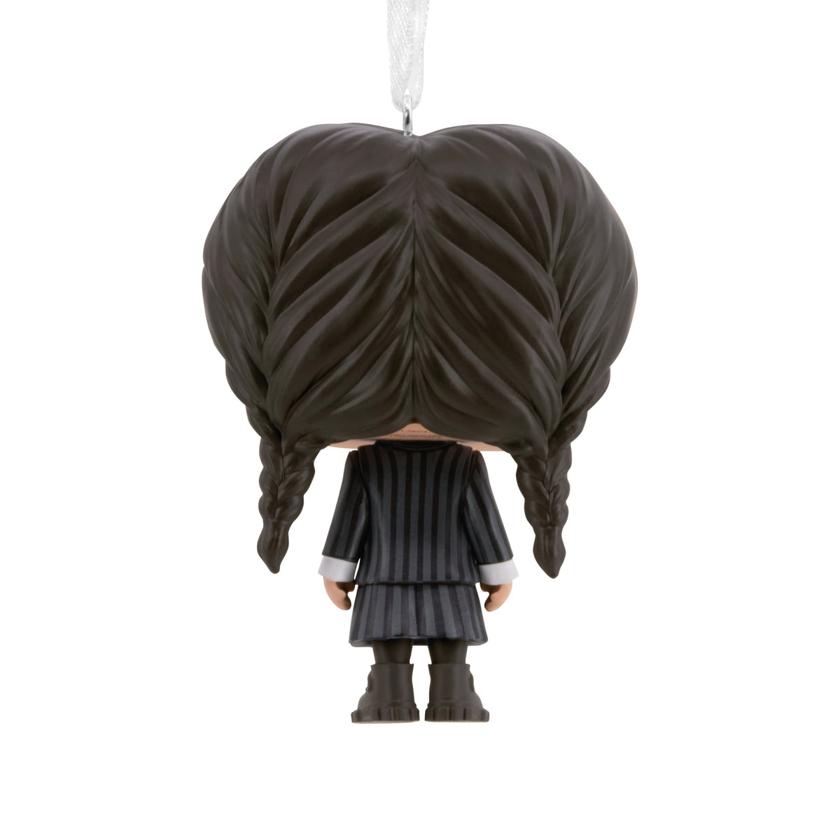 Back of the braided girl vinyl ornament showing two dark plaits and pinstripe blazer