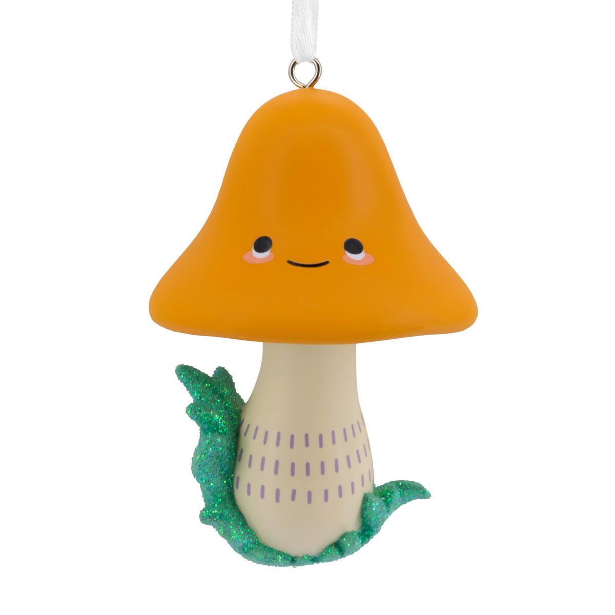 Smiling mushroom ornament with an orange cap and glittery green leaves