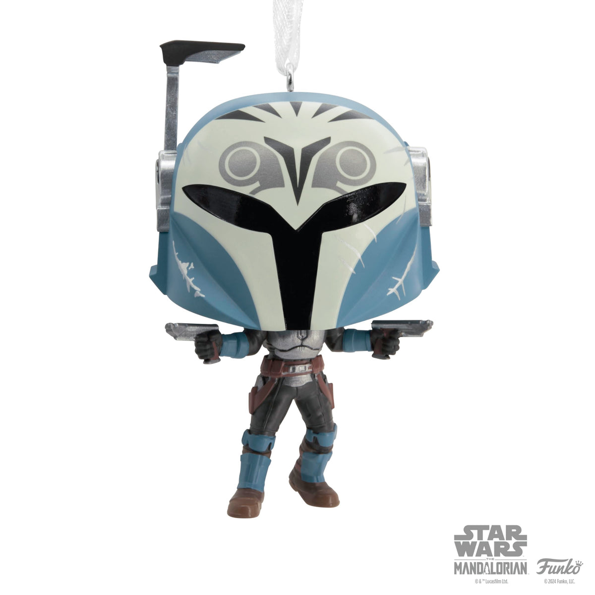Blue-helmeted vinyl warrior ornament with silver antenna and twin blasters