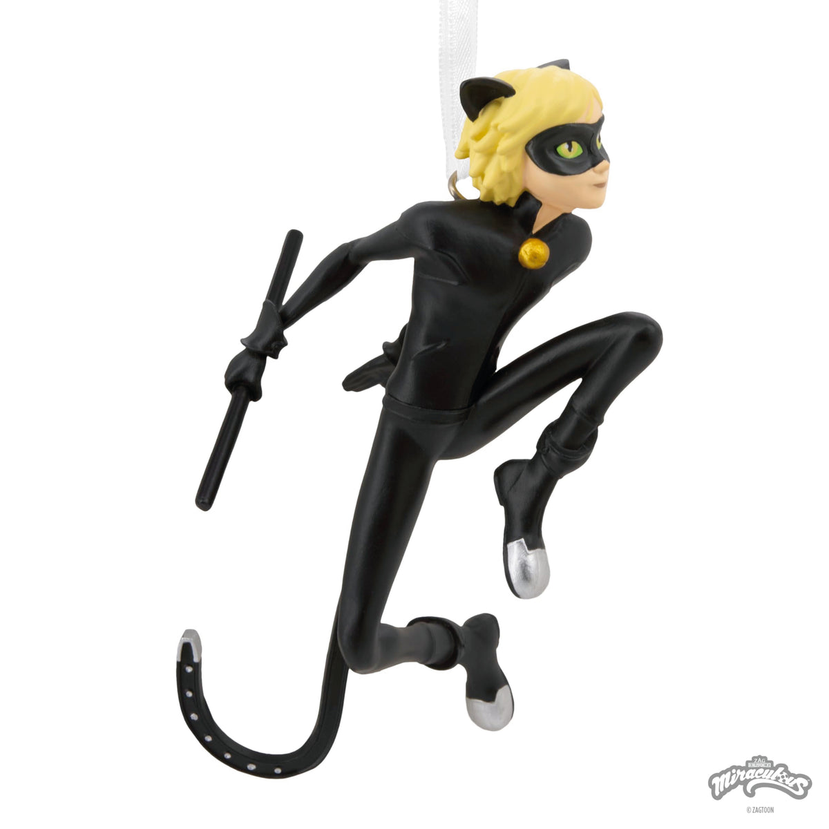 Black-suited cat hero ornament mid-leap with cat ears and silver-tipped boots