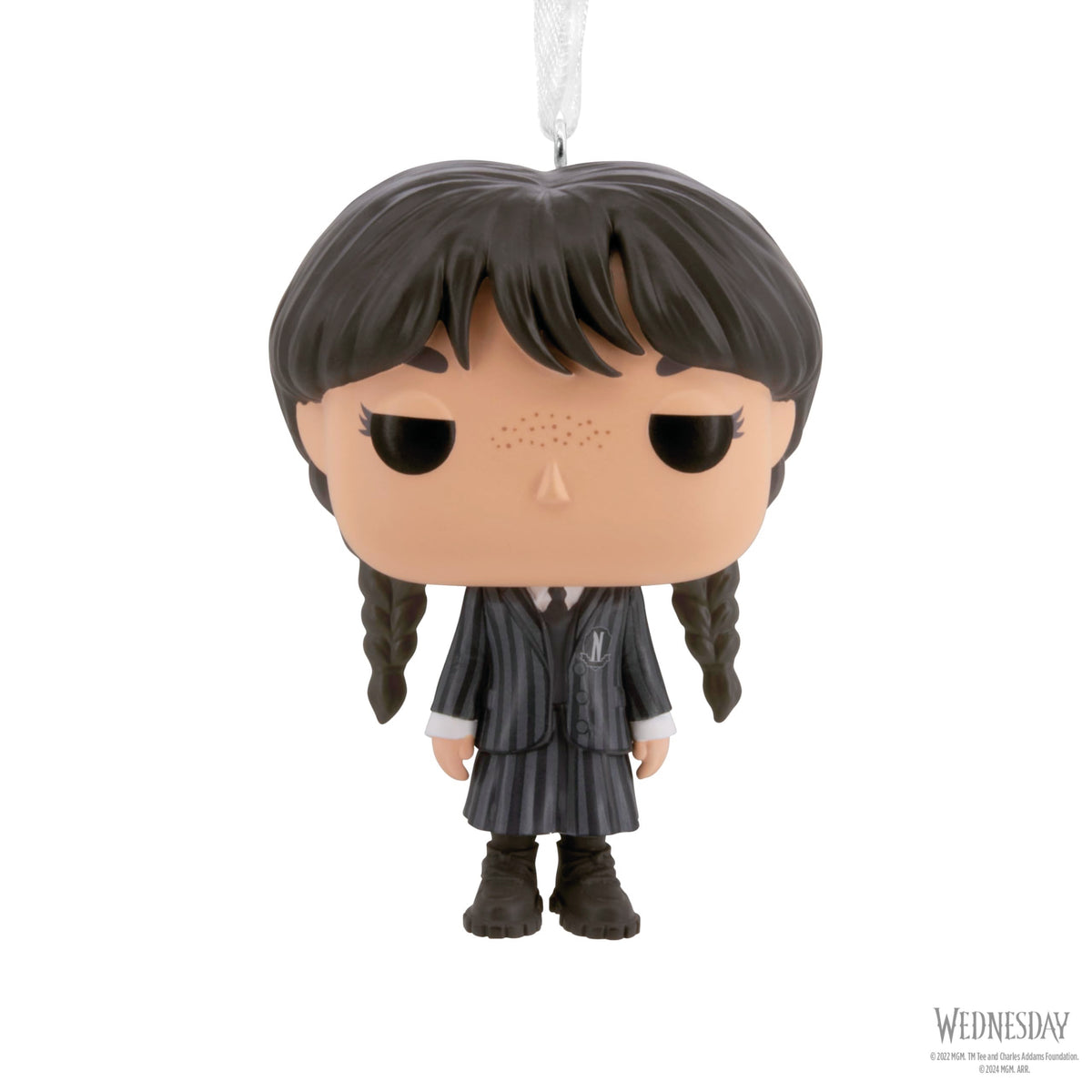 Braided girl vinyl ornament in a black pinstripe uniform and chunky boots