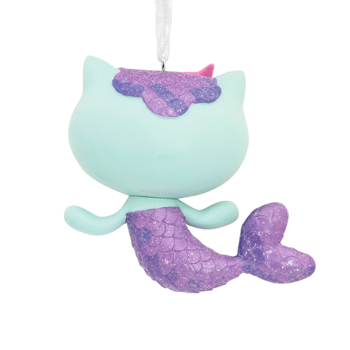 Back of the mermaid cat ornament showing glittery purple scale hair and tail