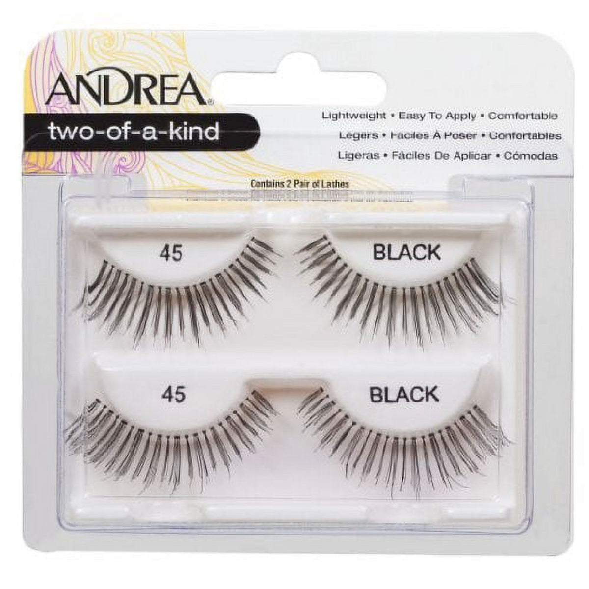 Blister card holding two pairs of black style 45 strip lashes