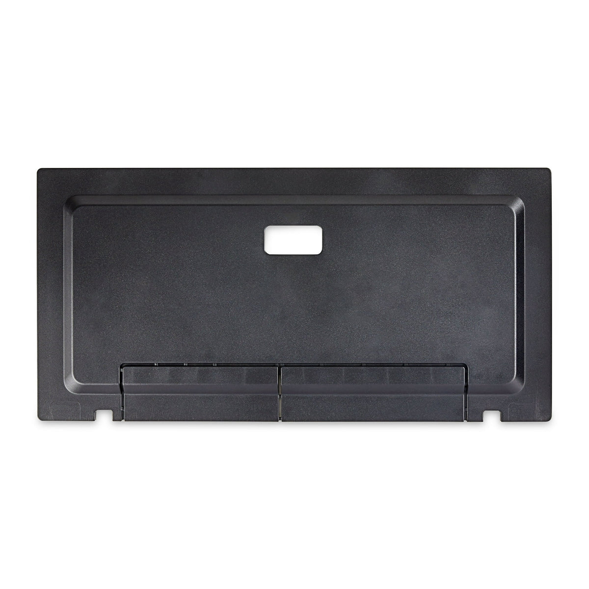 Flat black aquarium hood with a feeding hole and hinged rear flaps