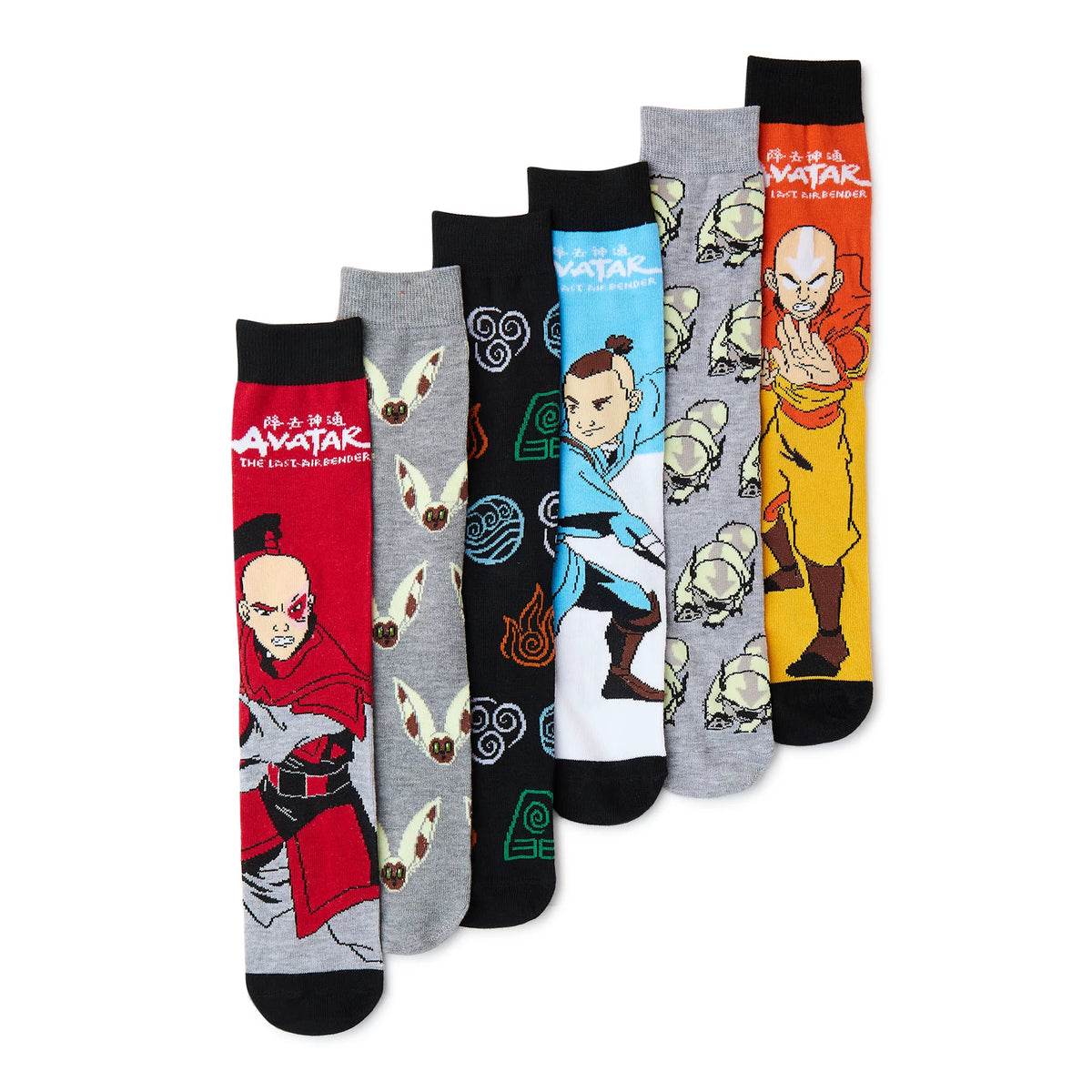 Six crew socks with Zuko, Momo, element symbols, Sokka, Appa and Aang