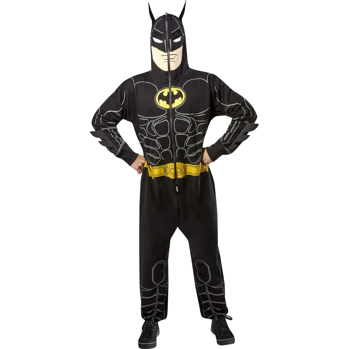 Man in a black hooded bat hero onesie with yellow chest emblem, printed belt and fin cuffs