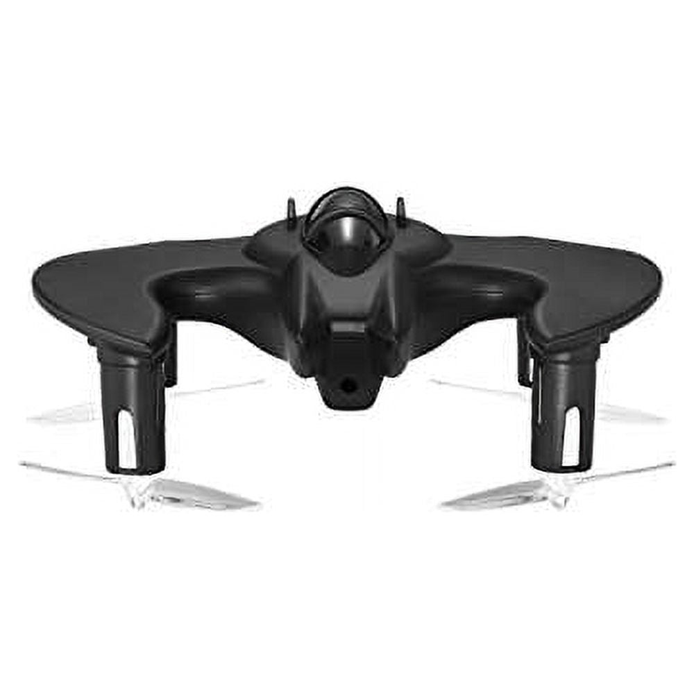 Front view of a black bat-wing shaped mini drone with clear propellers