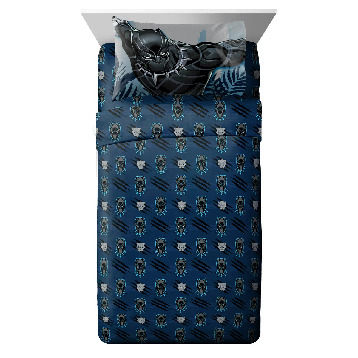 Bed with navy Black Panther mask print sheets and a Black Panther pillowcase