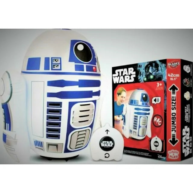 Inflatable white and blue R2-D2 with its round remote beside the jumbo size box