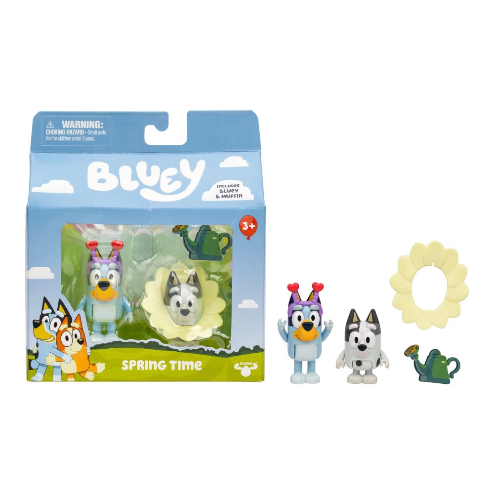 Bluey Spring Time box next to the Bluey and Muffin figures, flower collar and watering can