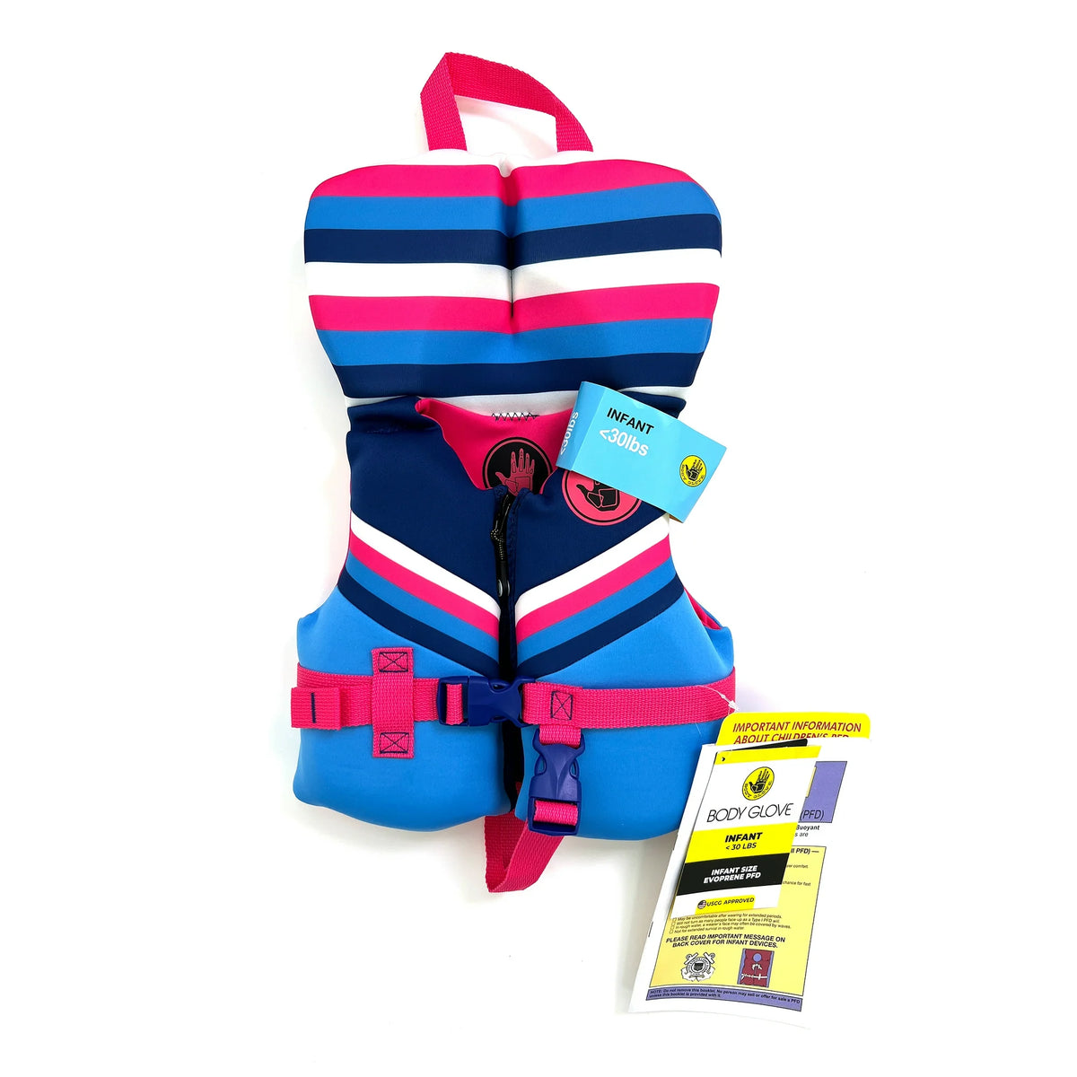 Pink, white and blue striped infant life vest with tags and USCG booklet