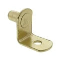 Small brass-plated angled shelf support pin with a round peg and screw hole