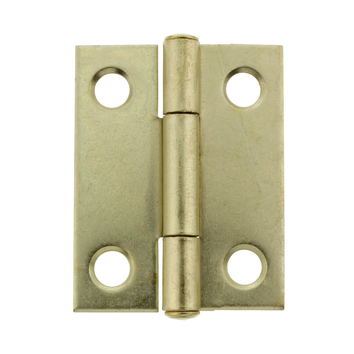 Brass-plated utility hinge laid flat with four screw holes and a centre pin