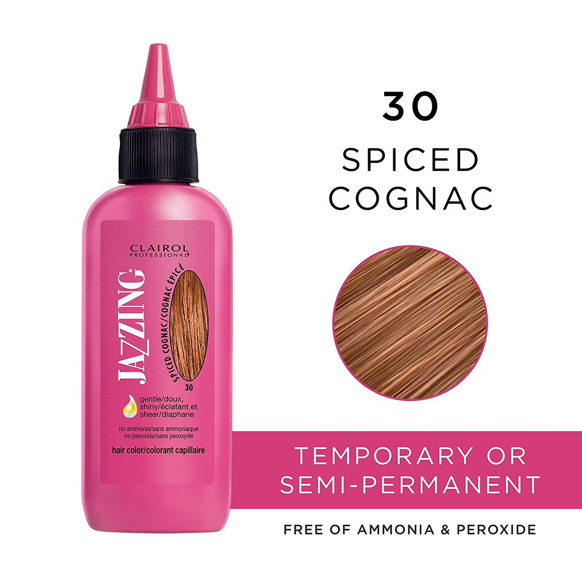 Pink bottle of 30 Spiced Cognac hair color beside a copper brown hair swatch