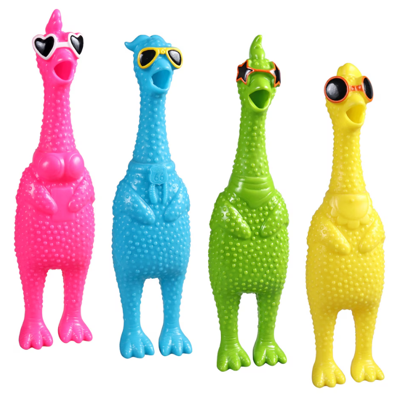 Four rubber squeaky chickens in pink, blue, green and yellow wearing sunglasses