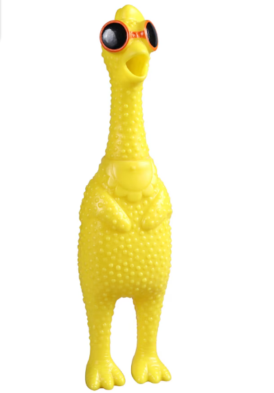 Yellow rubber squeaky chicken wearing round orange-rimmed sunglasses