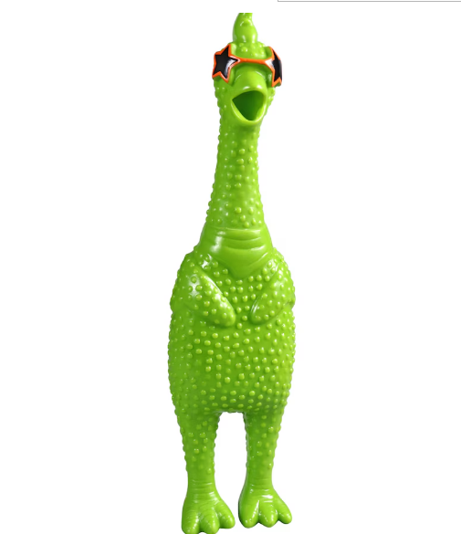 Green rubber squeaky chicken wearing orange star sunglasses