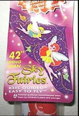Packaged purple 42 inch delta kite printed with two cartoon fairies and stars