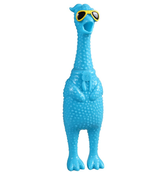 Blue rubber squeaky chicken wearing yellow aviator sunglasses
