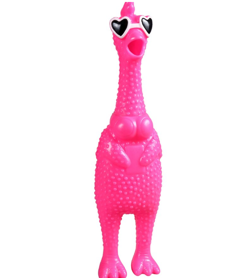 Pink rubber squeaky chicken wearing white heart sunglasses