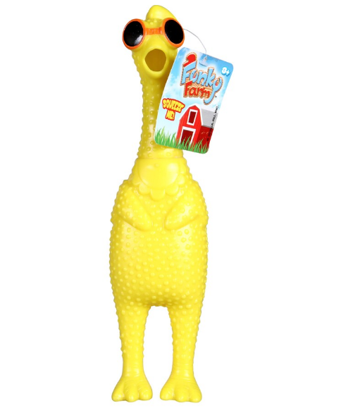Yellow squeaky chicken with a barn hang tag reading Squeeze Me, ages 3+
