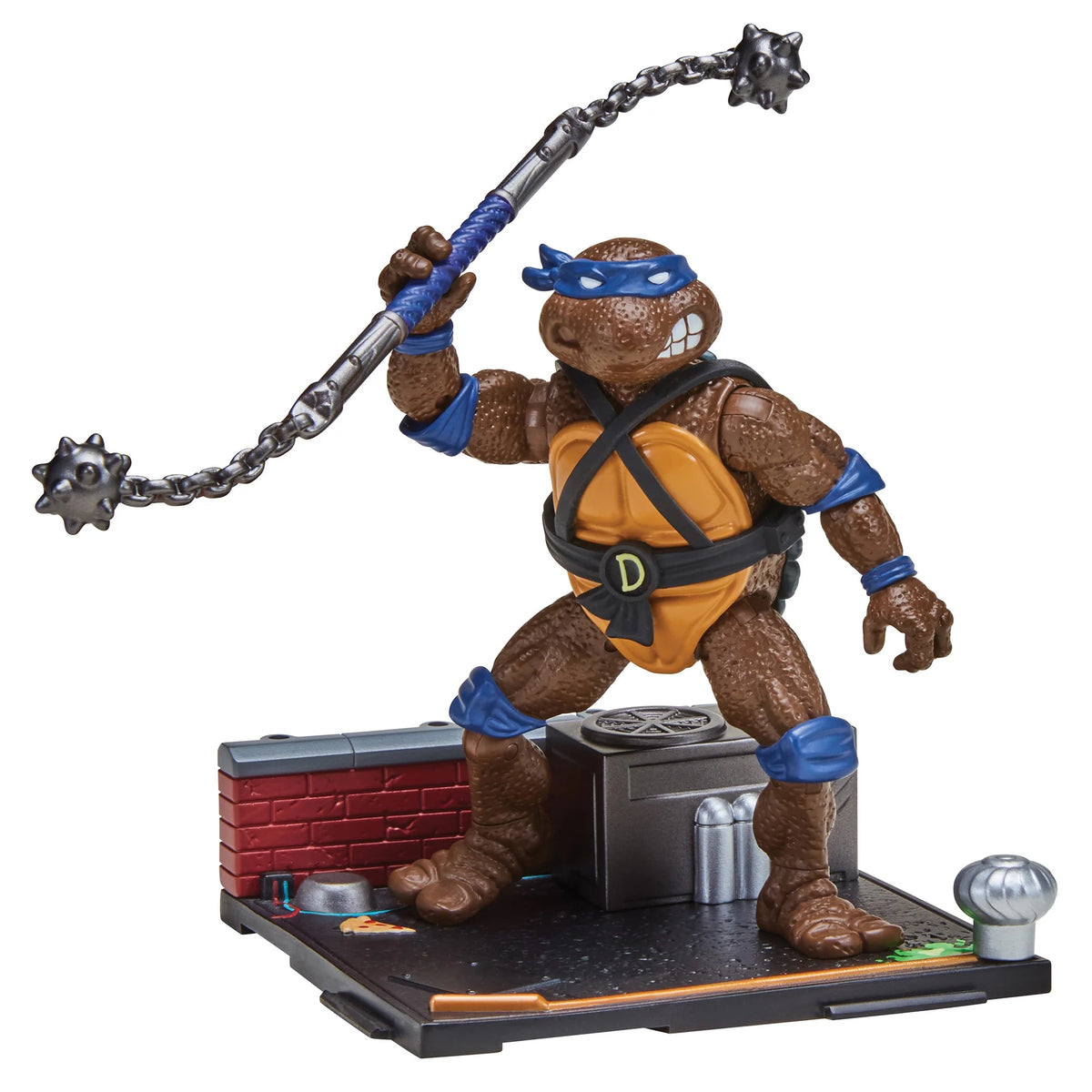 Brown purple-masked turtle figure swinging a spiked chain flail on a rooftop base