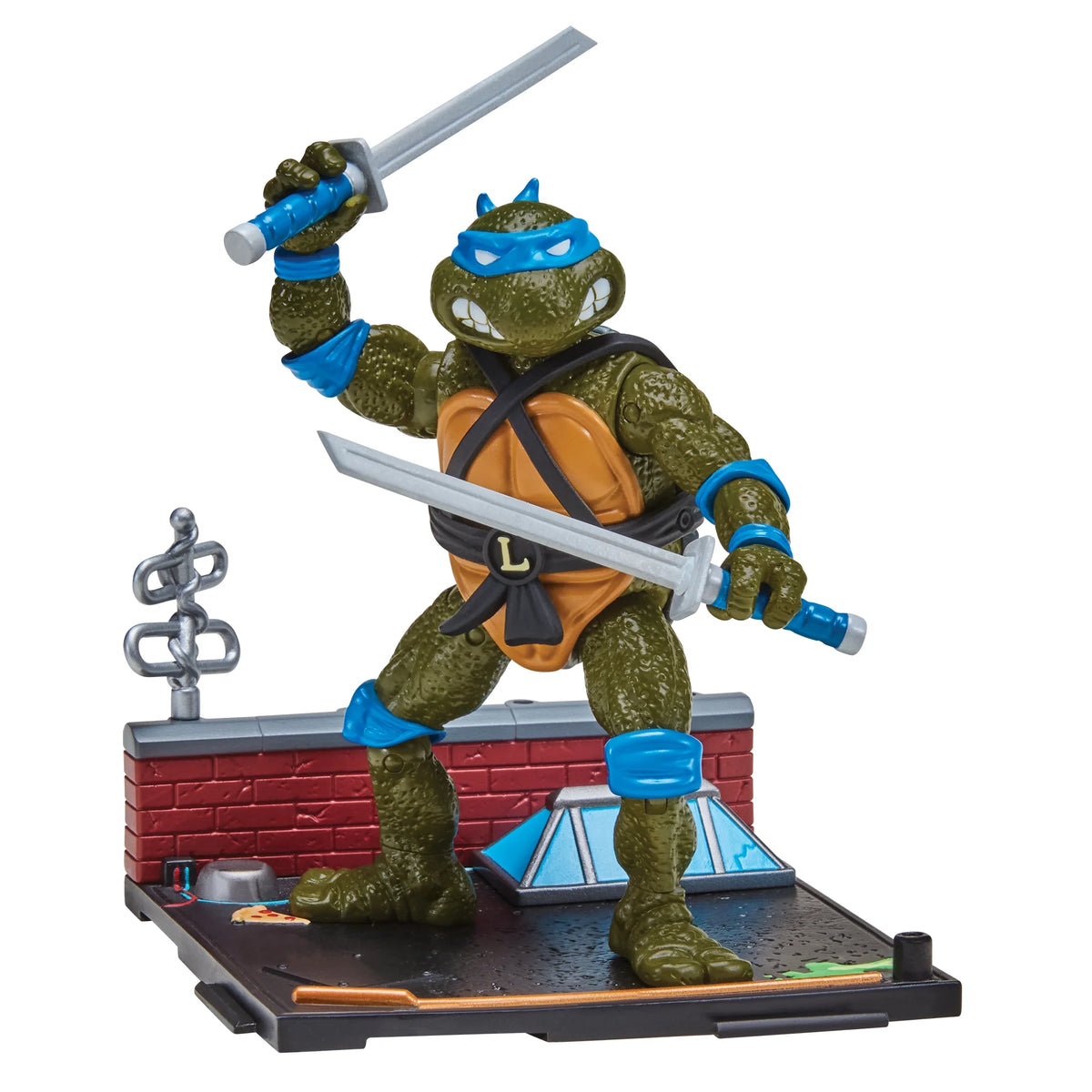 Blue-masked turtle figure swinging two swords on a rooftop base