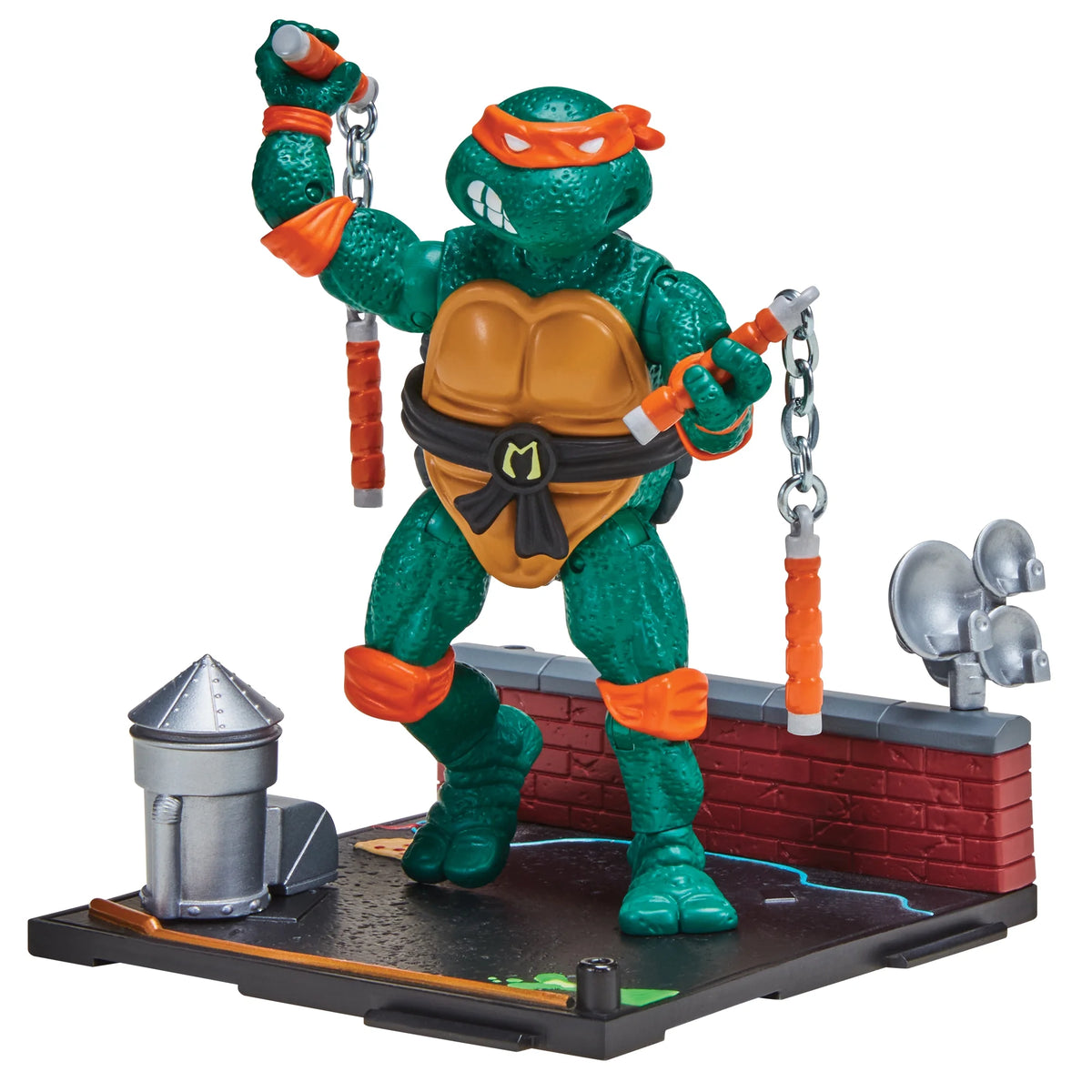 Orange-masked turtle figure swinging two nunchucks on a rooftop base