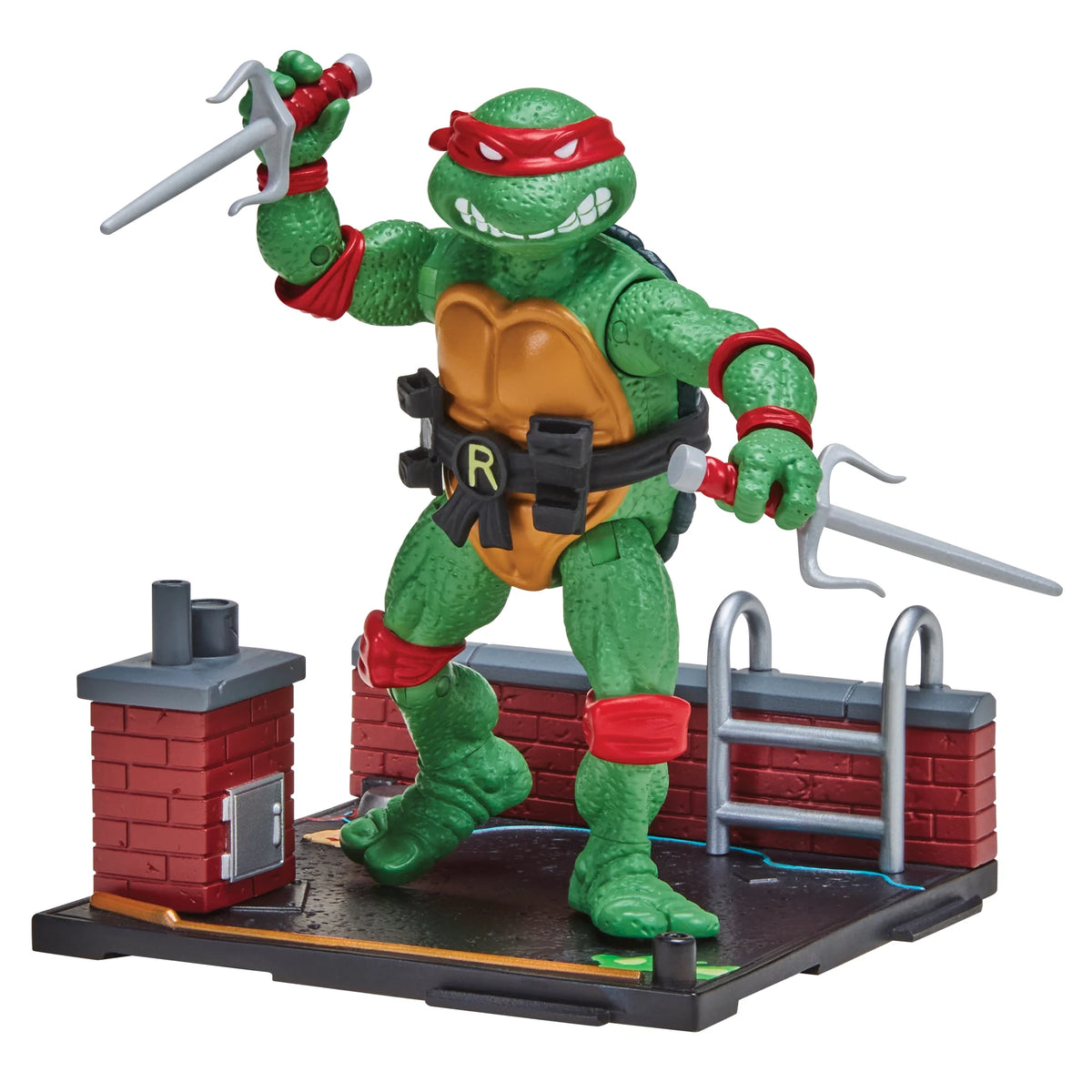 Red-masked turtle figure holding two sai on a rooftop base with chimney and ladder
