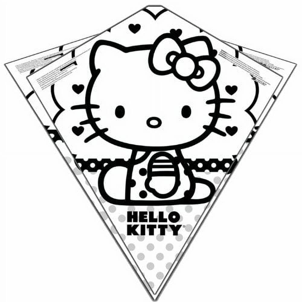 Black and white colour-in diamond kite with Hello Kitty, hearts and polka dots