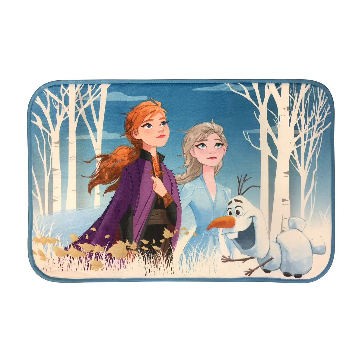 Frozen 2 foam rug with Anna, Elsa and Olaf among white birch trees
