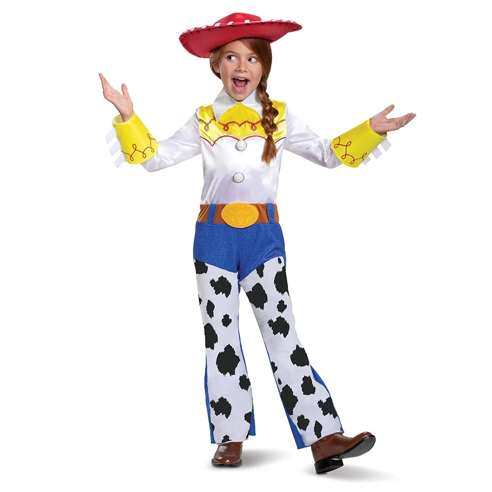 Girl with a red braid in a cowgirl costume with red hat, yellow yoke and cow-print chaps