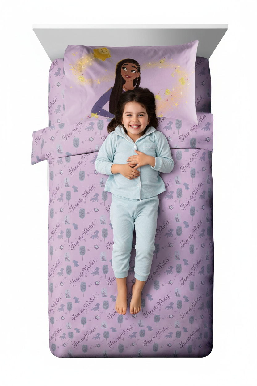 Smiling girl in blue pyjamas lying on the lilac Free the Wishes sheets