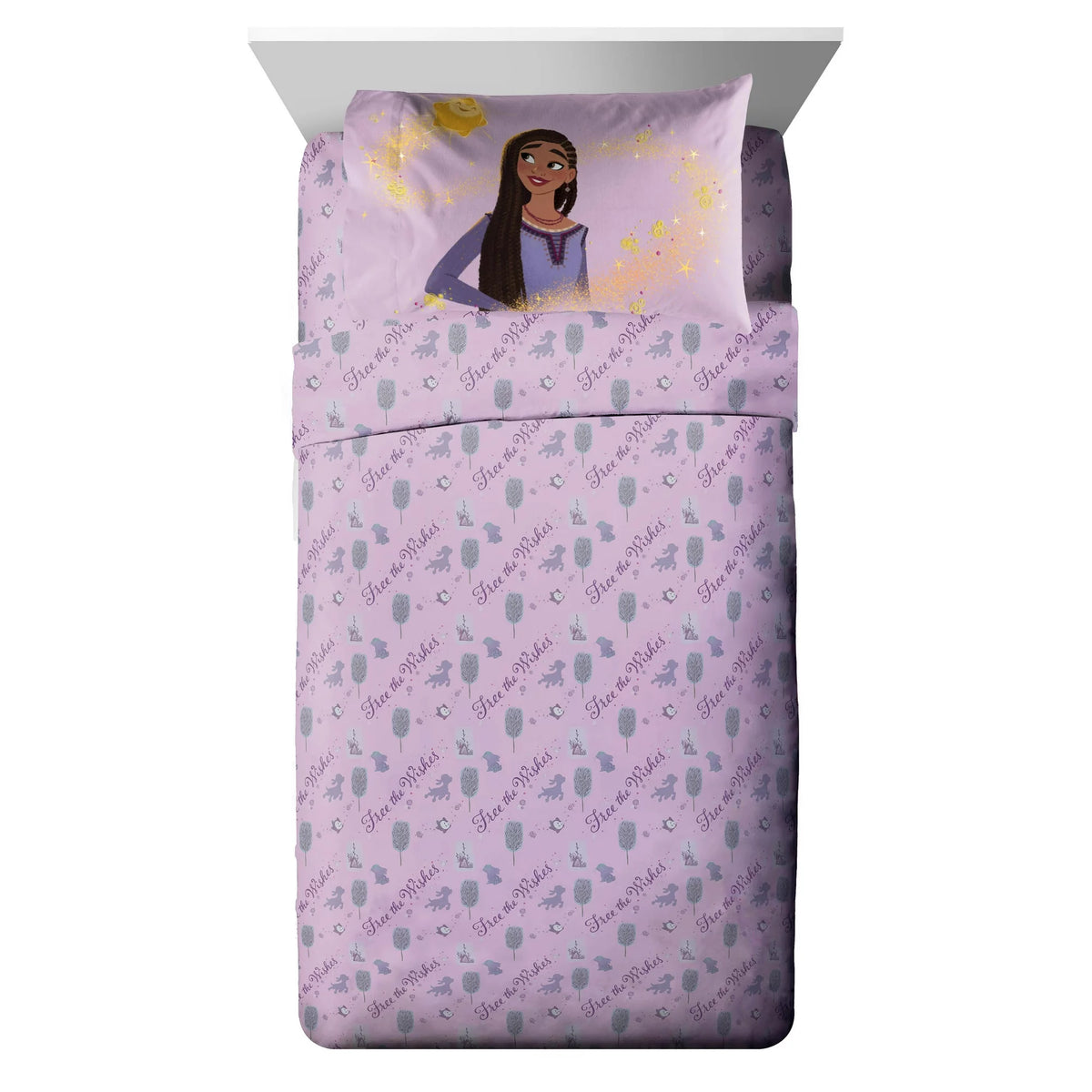 Bed with lilac Free the Wishes sheets and a pillowcase showing Asha and the star