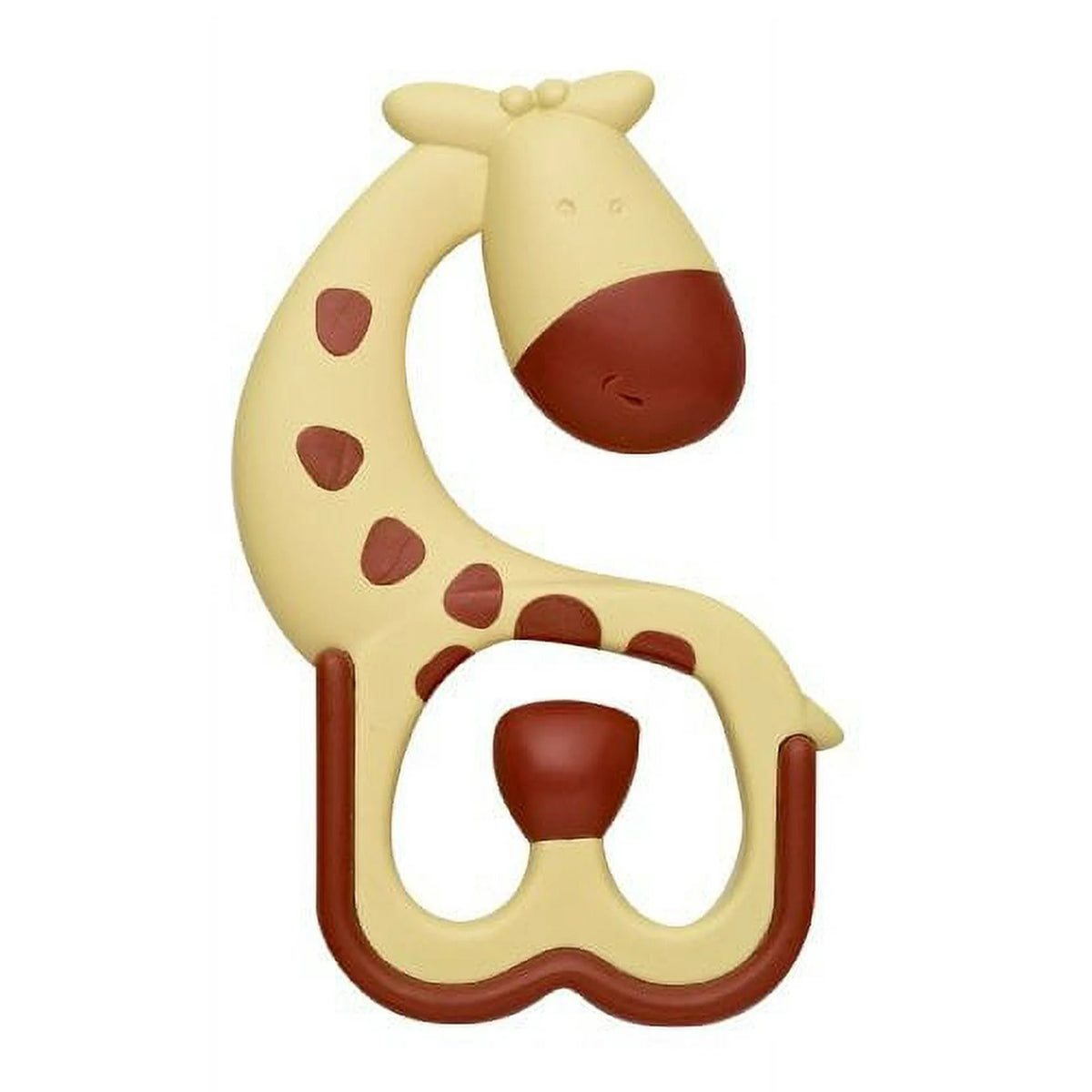 Cream and brown giraffe-shaped baby teether with textured spots and loop legs