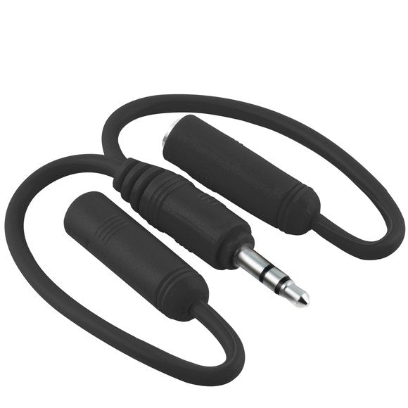 Short black Y headphone splitter curled to show the plug and both sockets