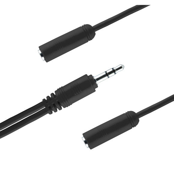 Black 3.5mm headphone splitter cable with one plug and two sockets
