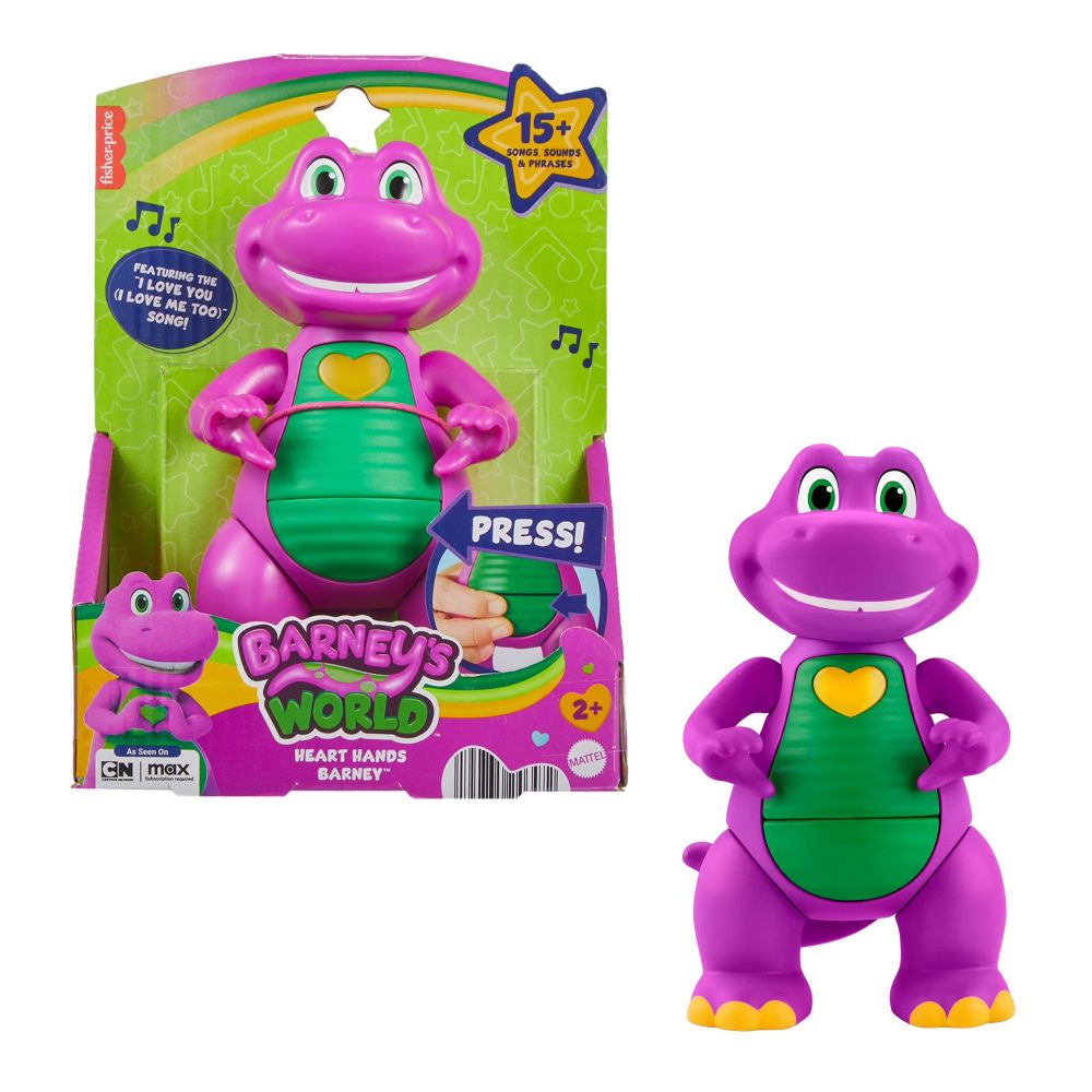 Heart Hands Barney in its Barney's World box next to the figure out of the box